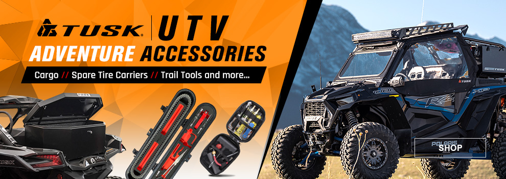 Tusk UTV Adventure accessories, cargo, spare tire carriers, trail tools and more..., SHOP button
